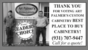 Black-and-white photo of two men standing outside Art Palmer’s Kitchen Cabinets; a large 'Winner Readers’ Choice' badge overlaps a shop banner on the left.